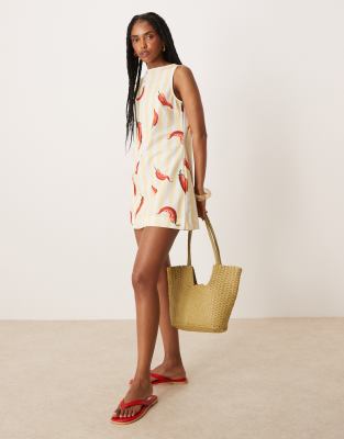 ASOS DESIGN - Kurzes Etuikleid mit rotem Chili-Print und U-Boot-Ausschnitt-Bunt