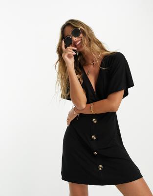 ASOS DESIGN - Kurzes Freizeitkleid in Schwarz mit Knöpfen und Flatterärmeln