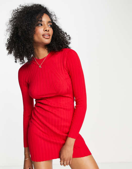ASOS DESIGN – Kurzes, geripptes Strickkleid in Rot