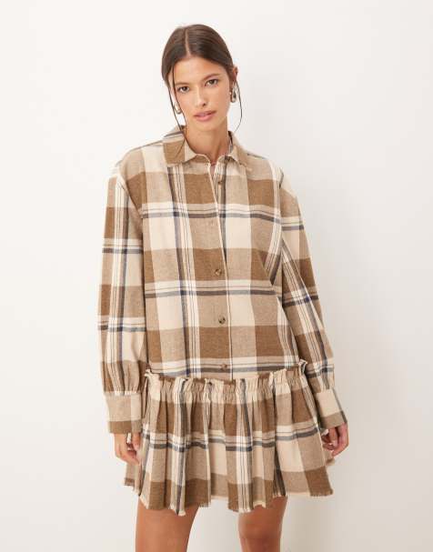 ASOS DESIGN – Kurzes Hemdblusenkleid in Hellbraun mit tiefer Taille und farblich abgestimmtem Karomuster - view 1