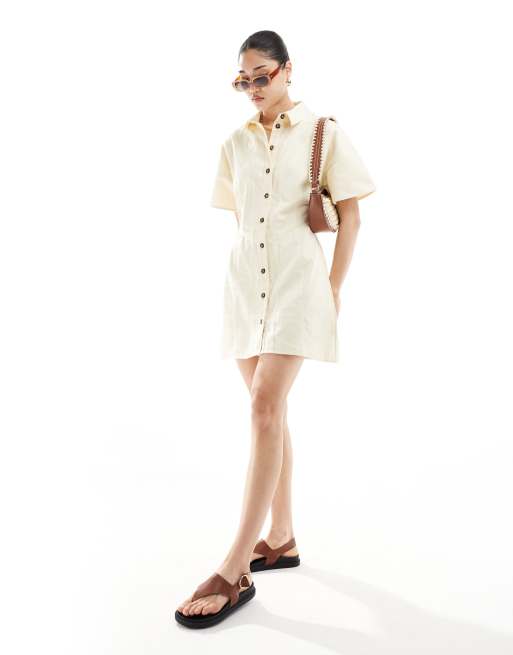 ASOS DESIGN – Kurzes Hemdblusenkleid in Steinbeige aus Twill mit Nahtdetail
