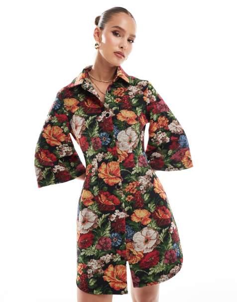 ASOS DESIGN – Kurzes Hemdblusenkleid mit ausgestellten Ärmeln und Gobelin-Blumenmuster - view 1