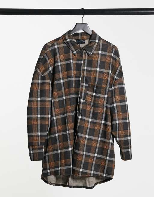 ASOS DESIGN – Kurzes Hemdkleid mit langen Ärmeln und grauem Karomuster in Senfgelb