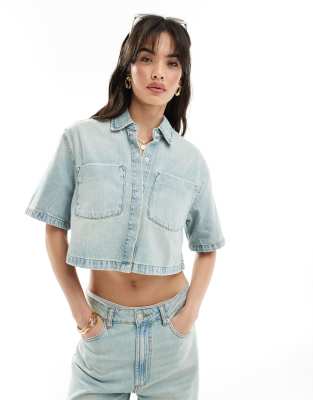 ASOS DESIGN - Kurzes Jeanshemd in Vintage-Waschung, Kombiteil-Blau