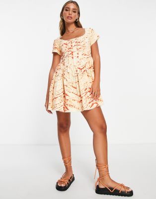 ASOS DESIGN - Kurzes Korsett-Kleid mit eckigem Ausschnitt, ungesäumter Kante und abstraktem, sonnengebleichtem Muster-Bu...