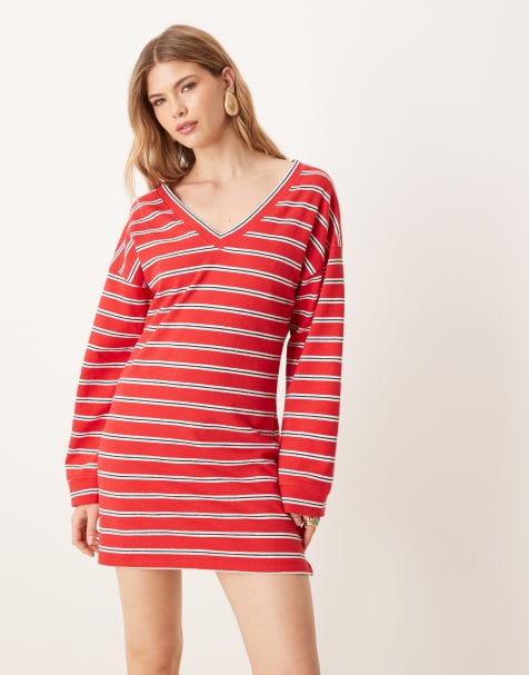 ASOS DESIGN – Kurzes, langärmliges Shirt-Kleid in Rot gestreift - view 1