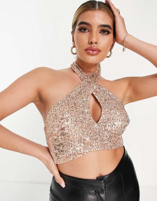 ASOS DESIGN – Kurzes Oberteil mit Wickelträger und Pailletten in Roségold, 3 von 4