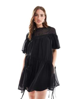 ASOS DESIGN - Kurzes Oversize-Hängerkleid in Schwarz mit gerafften Tunnelzug-Details