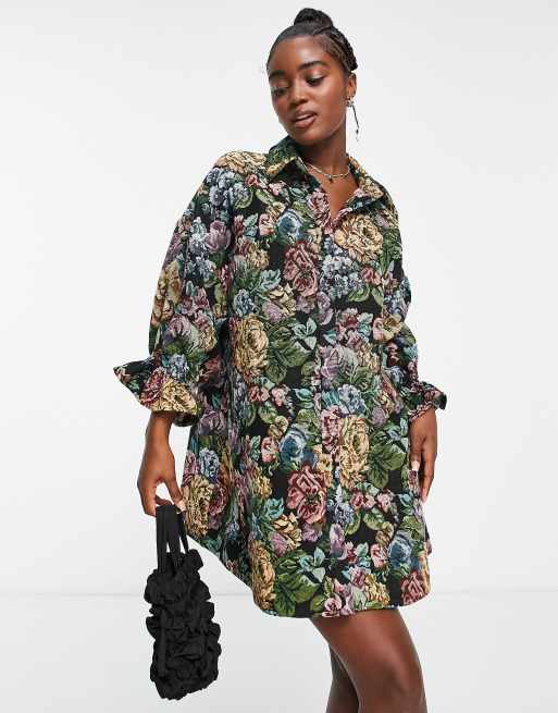 ASOS DESIGN – Kurzes Oversize-Hemdblusenkleid mit Gobelin-Wildblumenmuster 
