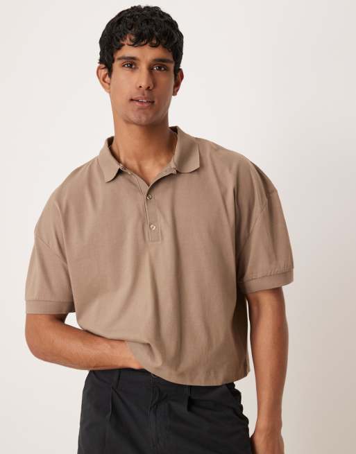 ASOS DESIGN – Kurzes Oversize-Poloshirt in Steinbeige mit überschnittenen Schultern