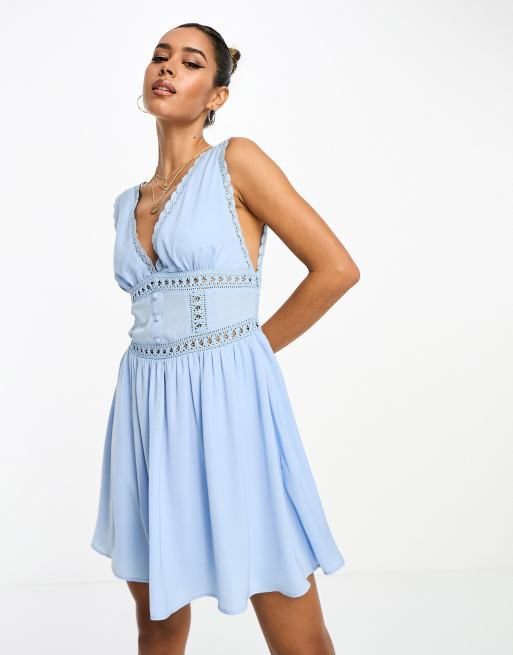 ASOS DESIGN Kurzes Satin Skater Kleid in Blau mit Spitzeneinsatz ASOS