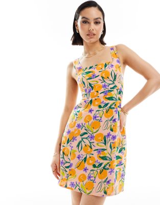 ASOS DESIGN - Kurzes Sommerkleid aus Leinen mit eckigem Ausschnitt, Schnürung hinten und Früchte-Muster-Bunt