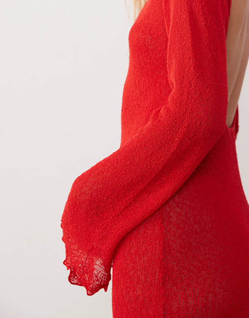 ASOS DESIGN – Kurzes Strandkleid aus Bouclé-Strick in Rot mit U-Ausschnitt hinten, 4 von 4