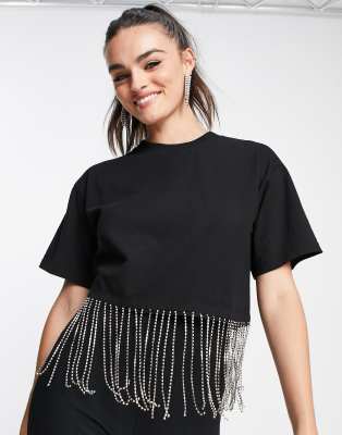 ASOS DESIGN - Kurzes T-Shirt in Schwarz mit Strassfransen am Saum