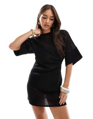 ASOS DESIGN - Kurzes T-Shirt-Kleid aus Häkelstrick in Schwarz-Keine Farbe