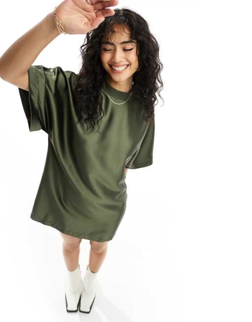 ASOS DESIGN satin oversized mini T-shirt dress in khaki