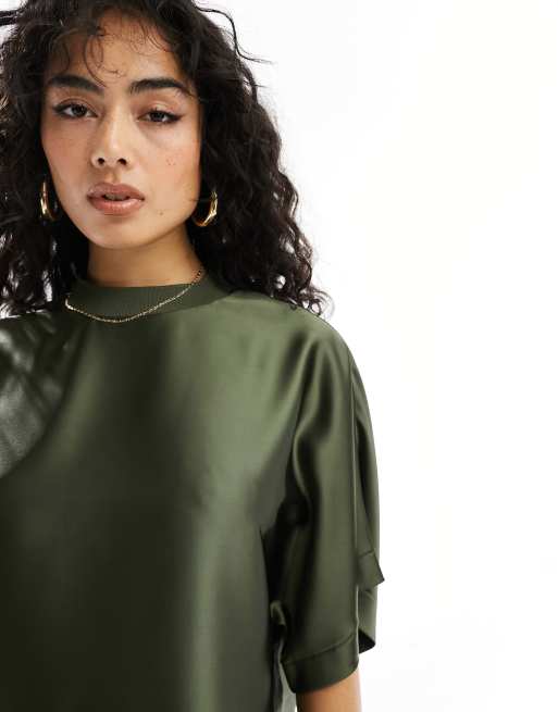 ASOS DESIGN satin oversized mini T-shirt dress in khaki