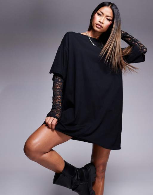 ASOS DESIGN Kurzes T Shirt Kleid in Schwarz mit Spitzenarmeln