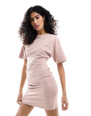 ASOS DESIGN - Kurzes T-Shirt-Kleid in Taupe mit gerafften Seiten und Rundhalsausschnitt-Neutral