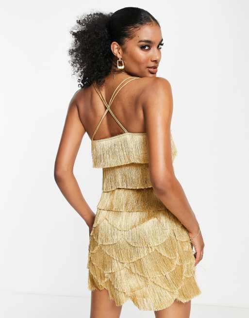 ASOS DESIGN – Kurzes Trägertop mit mehrlagigen Fransen im Goldton, Kombiteil, 2 von 4