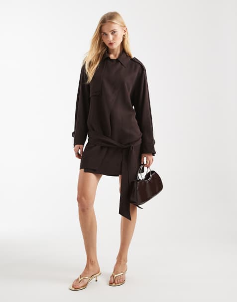 ASOS DESIGN – Kurzes Trenchcoat-Kleid in Schokoladenbraun - view 1