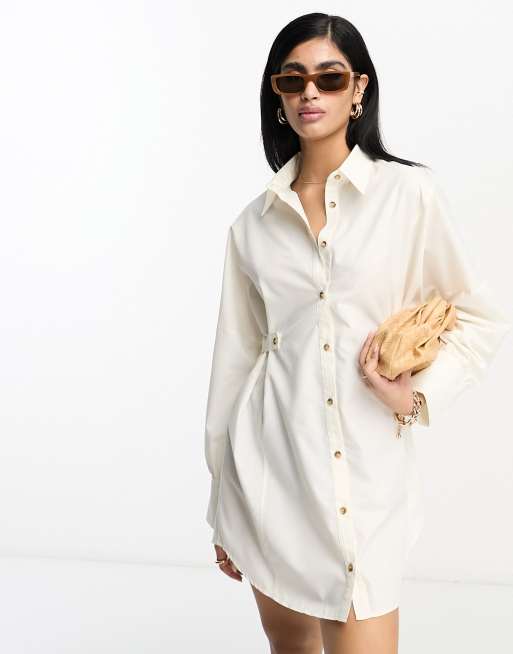 ASOS DESIGN – Kurzes Utility-Hemdblusenkleid in Creme mit Hornknopflaschen an der Taille