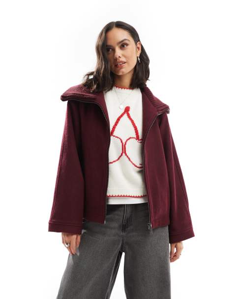 ASOS DESIGN – Kurzmantel in Burgunderrot mit Strickkragen - view 1
