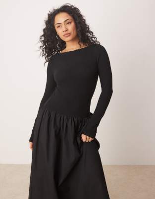 ASOS DESIGN - Kuscheliges Maxikleid in Schwarz aus Popeline-Mix