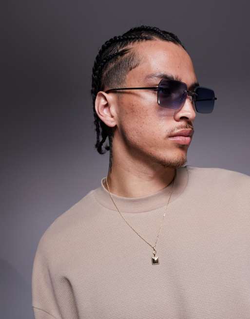 ASOS DESIGN – Kwadratowe bezramkowe okulary przeciwsłoneczne z niebieskimi soczewkami i srebrnymi zausznikami