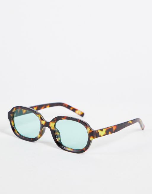 ASOS DESIGN – Kwadratowe okulary przeciwsłoneczne w brązowych szylkretowych oprawkach z niebieskimi soczewkami
