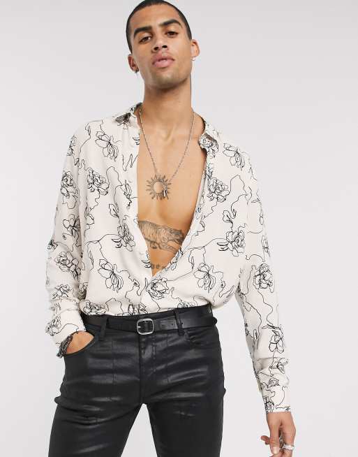 ASOS DESIGN – Kwiecista koszula o regularnym kroju w kolorze écru 