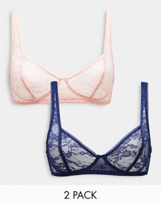 ASOS DESIGN Kyla 2 pack lace scoop soft bra in pink & navy - ASOS Price Checker
