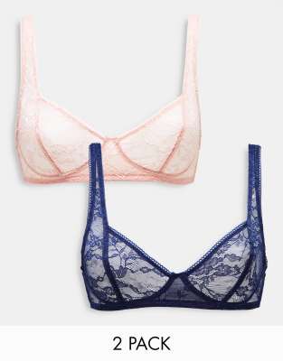 ASOS DESIGN - Kyla - Lot de 2 soutiens-gorge doux en dentelle à encolure dégagée - Rose et bleu marine | ASOS