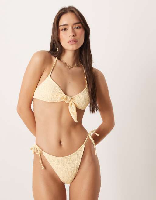 ASOS DESIGN Kyle broderie Antibes tie front halter scoop bikini top in buttermilk, 4 of 4