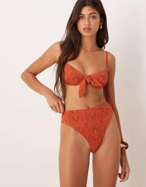 ASOS DESIGN Kyle broderie Azores high leg high waist bikini bottoms in rust - view 1