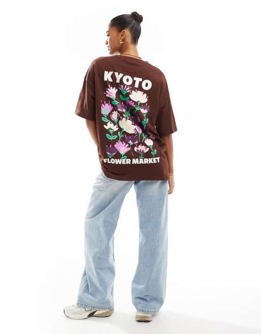 ASOS DESIGN kyoto flower market oversized graphic tee in brown, 4 of 4
