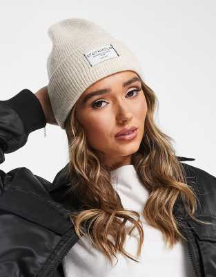 ASOS DESIGN ASOS DESIGN label beanie in oatmeal-Neutral