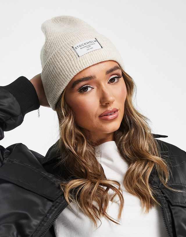 ASOS DESIGN label beanie in oatmeal