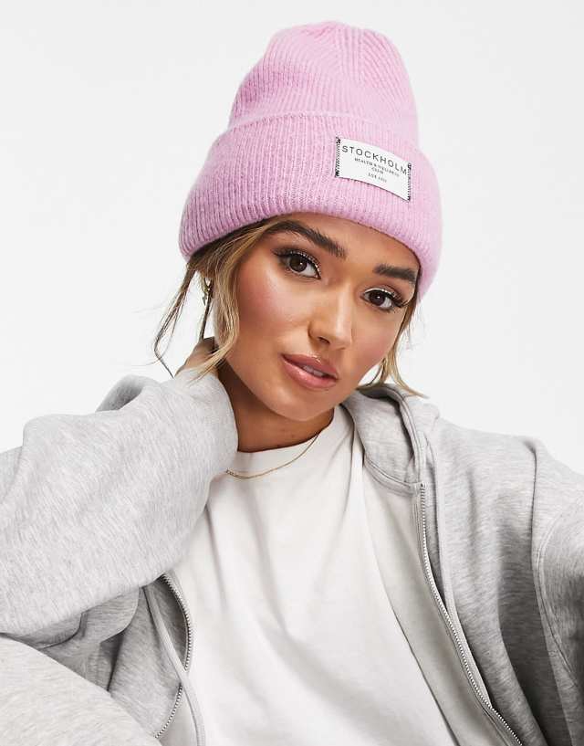 ASOS DESIGN label beanie in pink