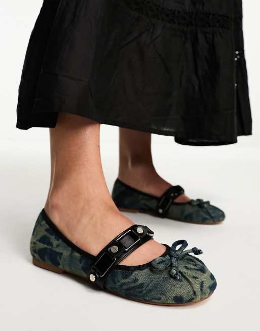 ASOS DESIGN - Labyrinth - Ballerina's met ronde neus en hardware in denim