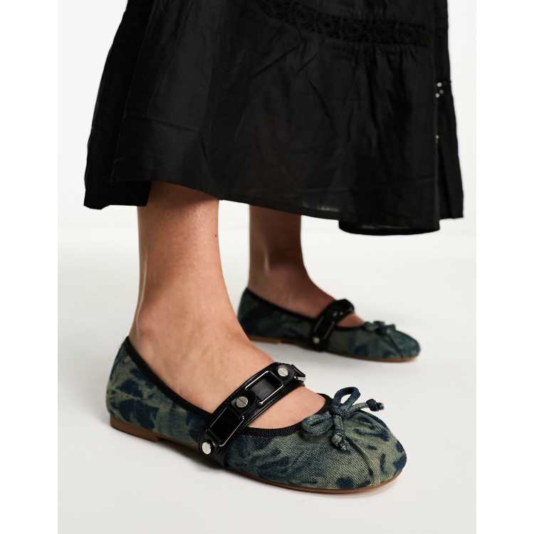 ASOS DESIGN Labyrinth round ballet flats with hardware in denim ASOS