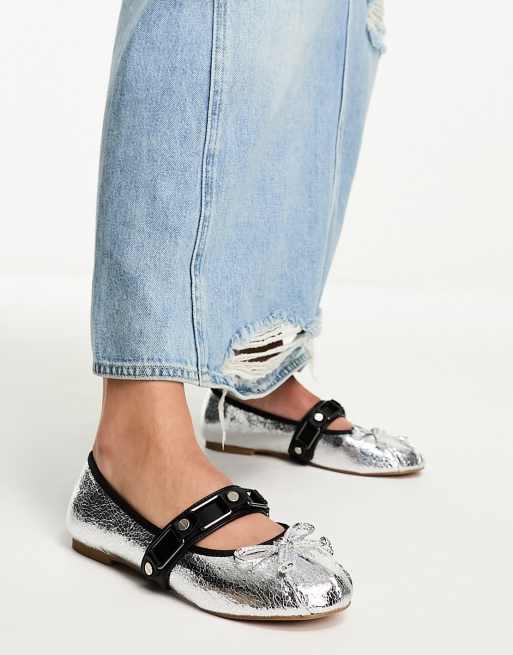 ASOS DESIGN Labyrinth round ballet flats with hardware in silver