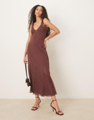Asos Design Lace And Chiffon Midi Dress With Flare Panels In Brown