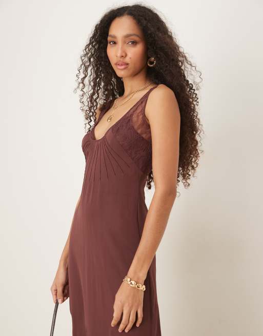 ASOS DESIGN lace and chiffon midi dress with flare panels in chocolate brown