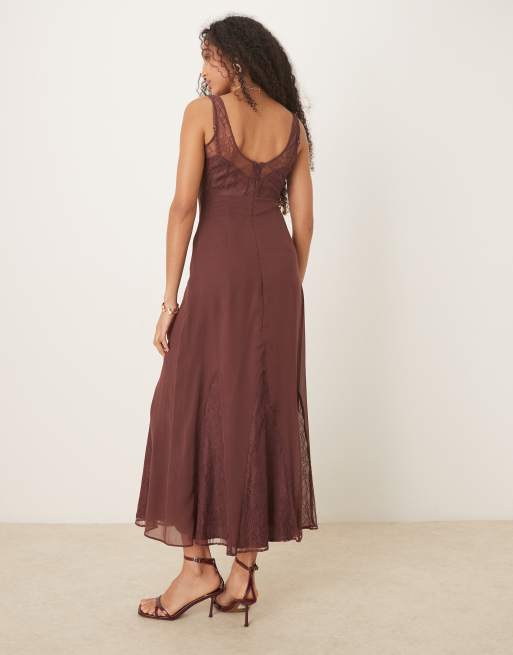 ASOS DESIGN lace and chiffon midi dress with flare panels in chocolate brown