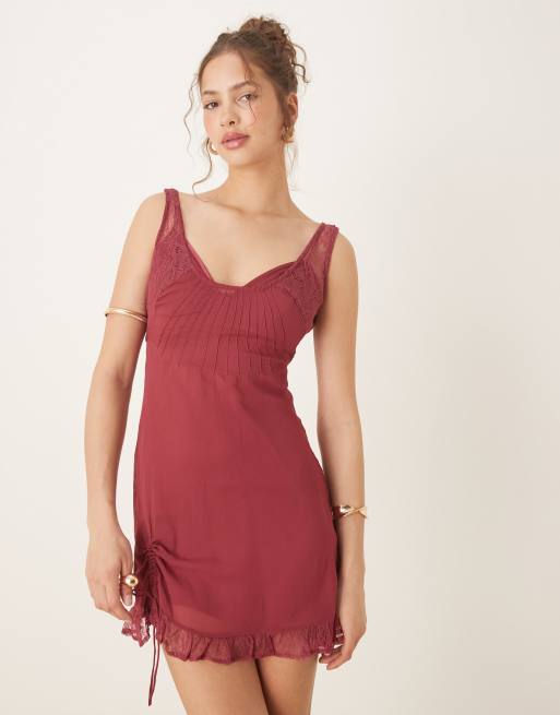 ASOS DESIGN lace and chiffon mini dress with ruched hem detail in raspberry