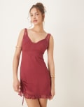 [ASOS DESIGN] ASOS DESIGN lace and chiffon mini dress with ruched hem detail in raspberry-Blue 8 Raspberry