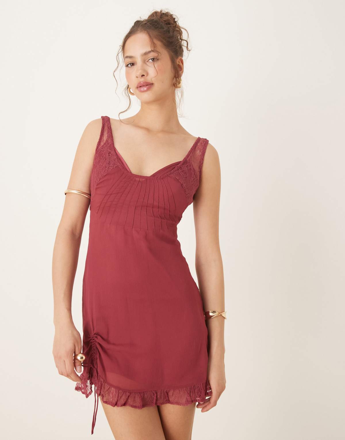 ASOS DESIGN lace and chiffon mini dress with ruched hem detail in raspberry