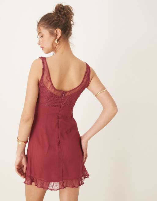 ASOS DESIGN lace and chiffon mini dress with ruched hem detail in raspberry