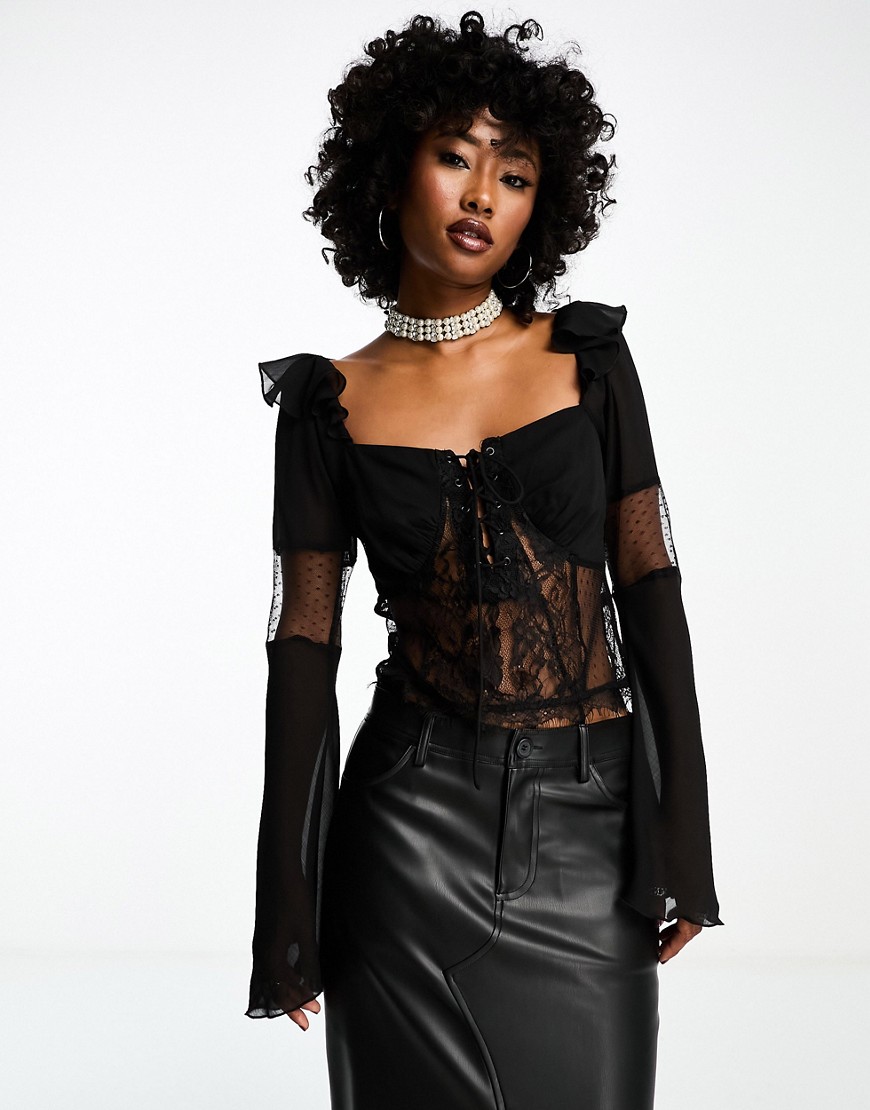 ASOS DESIGN lace and chiffon mix milkmaid blouse in black